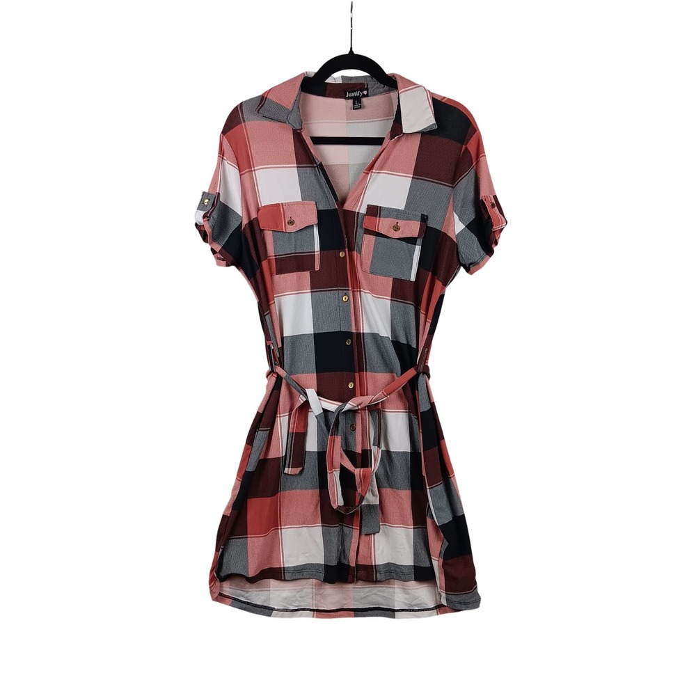 Justify Women's Plaid Shirt Dress with Belt Short Sleeve Collared Size L